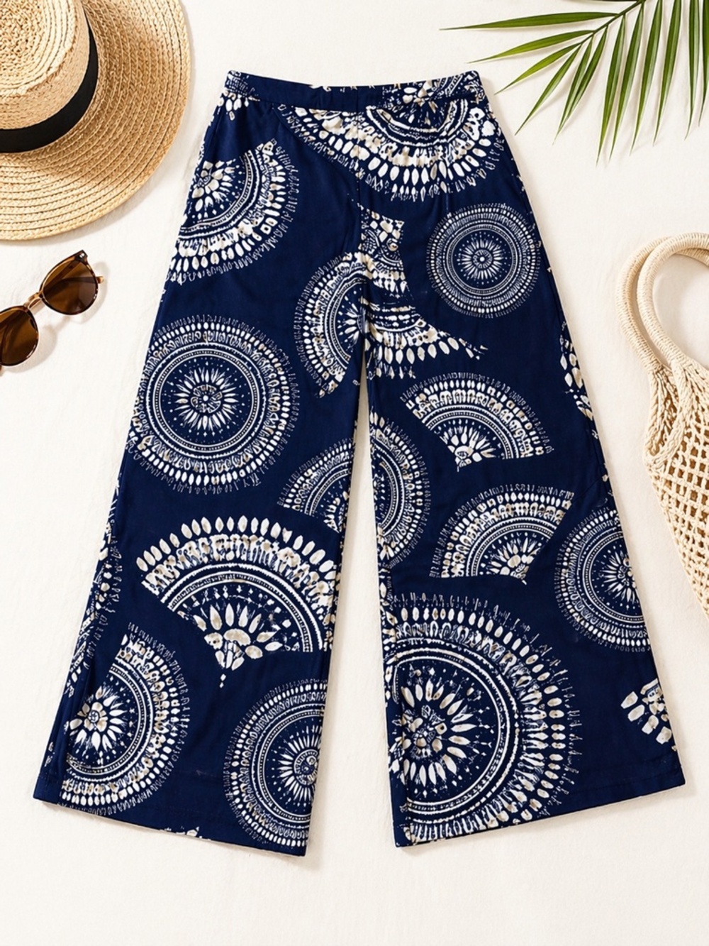 Cupshe Boho Wide Leg Pants Blue White Resort Beach Large NWT
